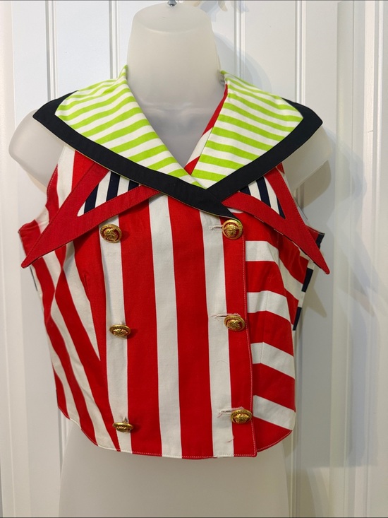 Versace Jeans Collection Jackets & Blazers - Versace Red & White striped Nautical Crop Top with Lime Green Sailor Collar